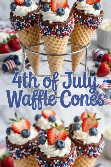 A decorative collage of 4th of July waffle cones arranged in a stand, featuring chocolate-dipped rims with sprinkles, piped whipped cream, and fresh strawberries and blueberries.