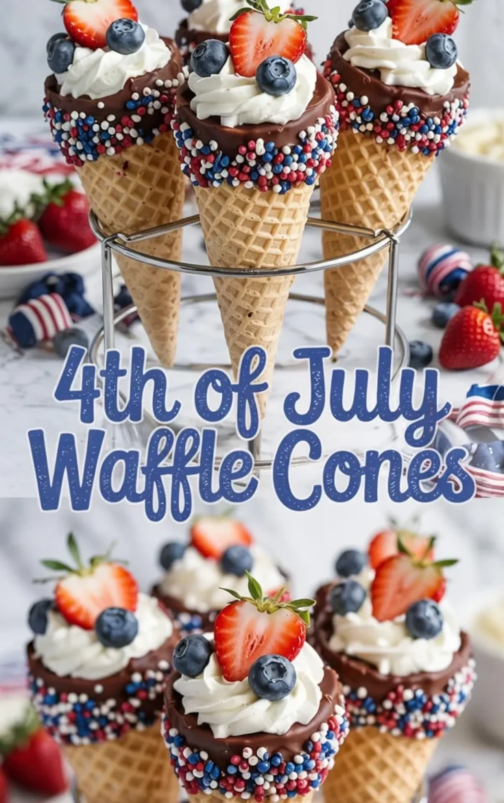 A decorative collage of 4th of July waffle cones arranged in a stand, featuring chocolate-dipped rims with sprinkles, piped whipped cream, and fresh strawberries and blueberries.