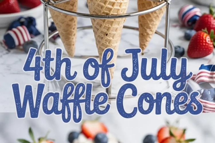 A decorative collage of 4th of July waffle cones arranged in a stand, featuring chocolate-dipped rims with sprinkles, piped whipped cream, and fresh strawberries and blueberries.