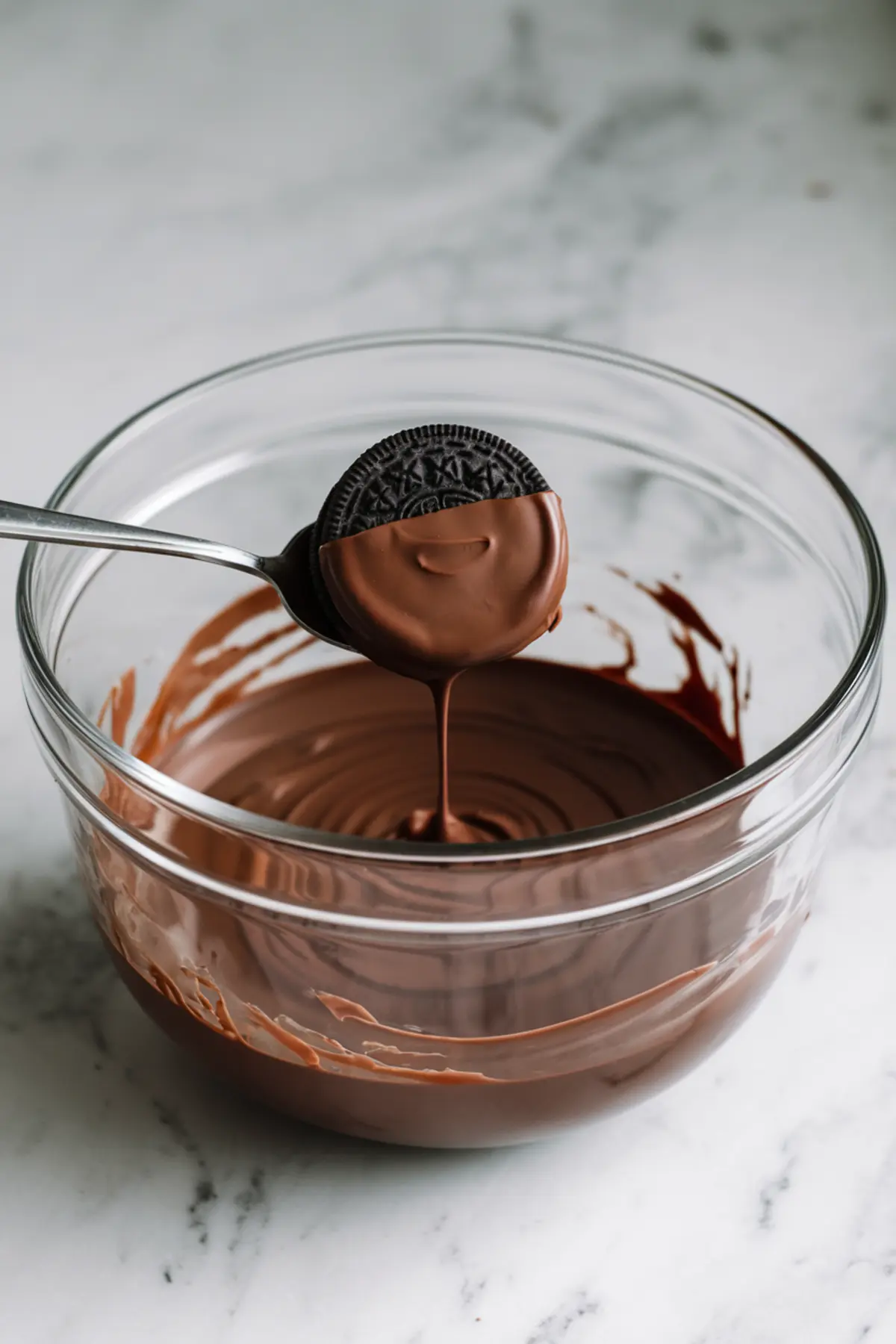 An Oreo cookie is being dipped into a bowl of melted chocolate with a spoon, showcasing the process of coating cookies for homemade chocolate-covered treats.

