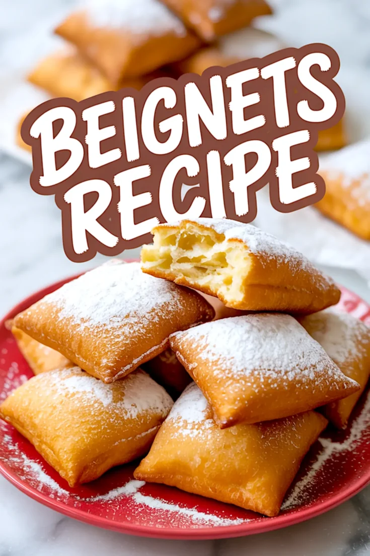 Golden, fluffy beignets stacked on a red plate and dusted with powdered sugar, with the text “Beignets Recipe” displayed above.
