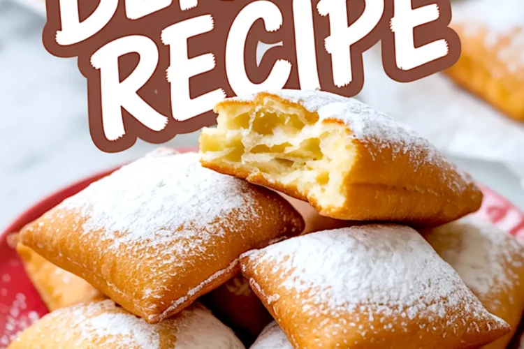 Golden, fluffy beignets stacked on a red plate and dusted with powdered sugar, with the text “Beignets Recipe” displayed above.