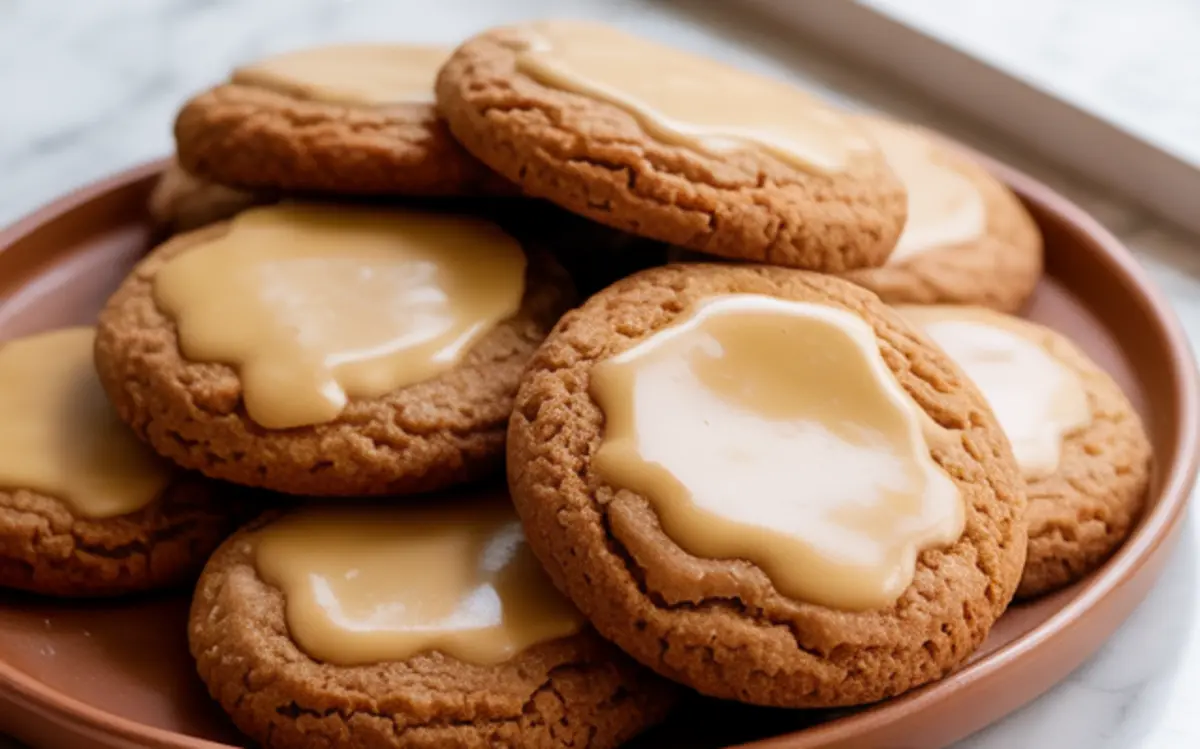 A side view of soft brown sugar cookies topped with maple glaze, stacked on a terracotta plate, displayed on a white marble surface.