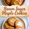 A collage image of two bowls filled with maple-glazed brown sugar cookies, one terracotta and one white, with a textured banner across the center reading “Brown Sugar Maple Cookies.”
