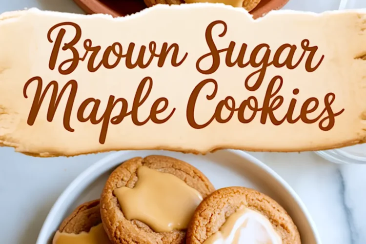 A collage image of two bowls filled with maple-glazed brown sugar cookies, one terracotta and one white, with a textured banner across the center reading “Brown Sugar Maple Cookies.”