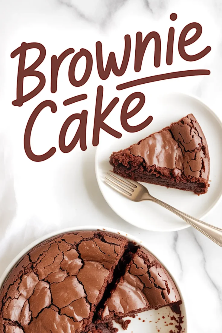 Flat lay of a sliced brownie cake on a white plate with a single wedge and fork on the side, placed on a marble background with “Brownie Cake” text in brown script.