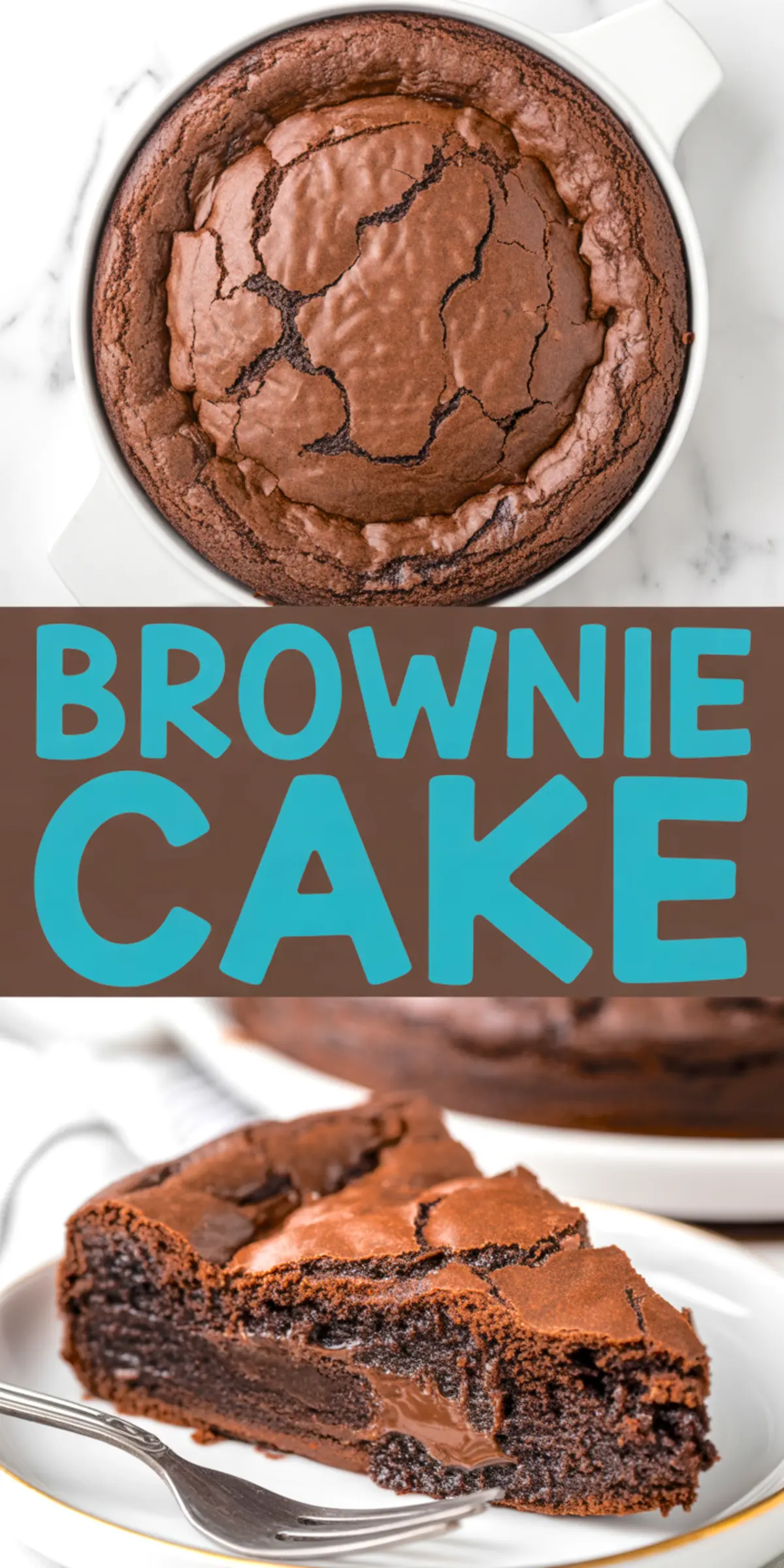 Close-up of a freshly baked brownie cake with a cracked top in a round white dish, paired with a thick, gooey slice of chocolate brownie cake on a white plate, showing melted chocolate layers.
