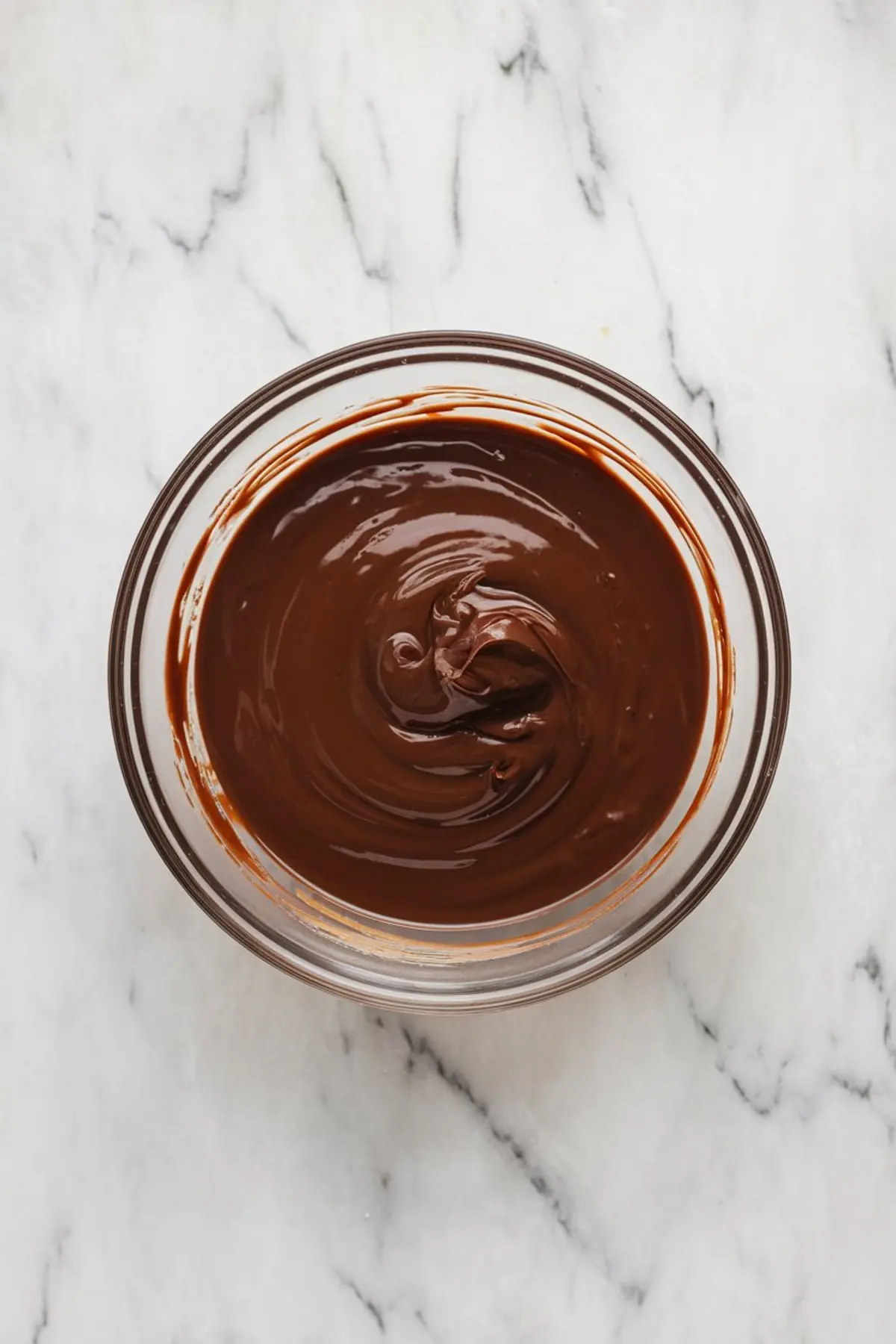 Top-down shot of a bowl filled with smooth, glossy melted chocolate on a light marble background, ideal for brownie cake or chocolate ganache.
