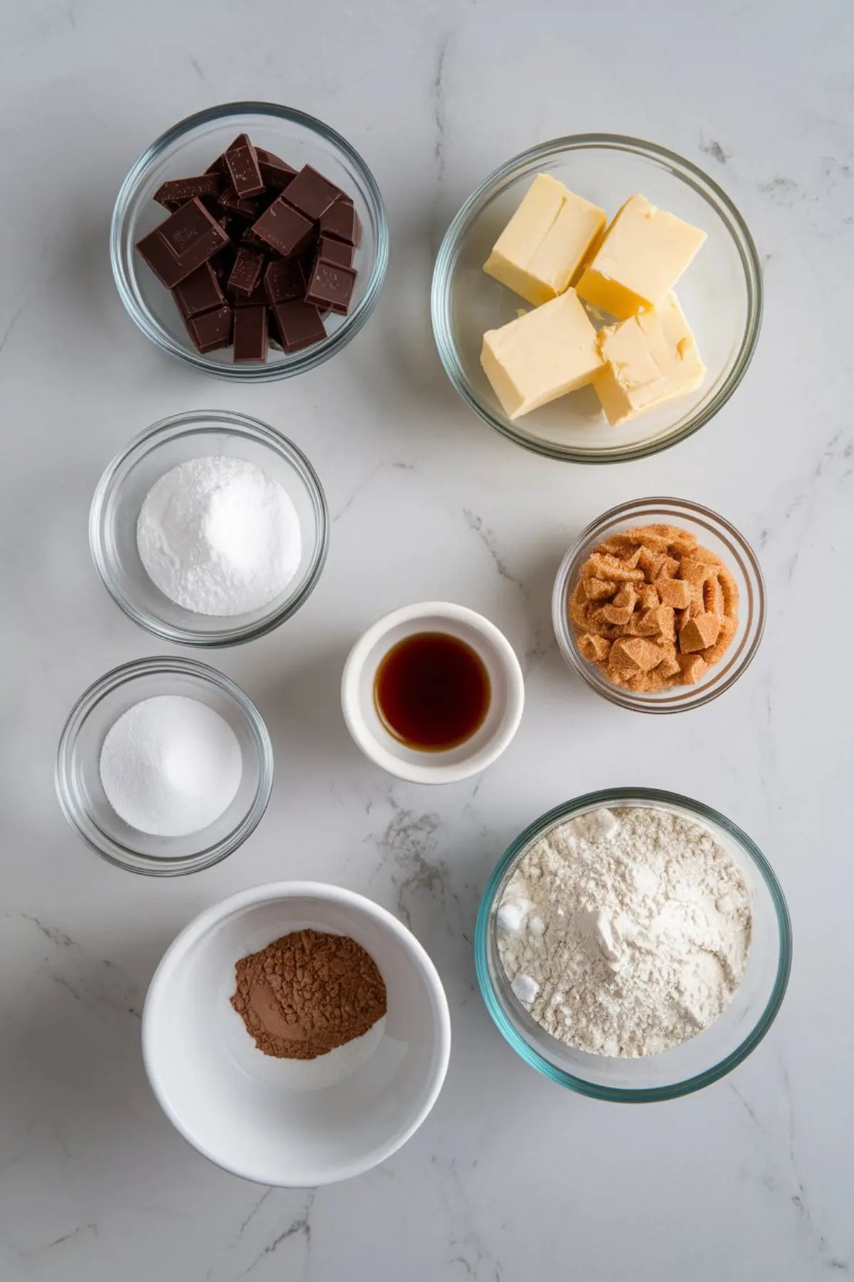 Top view of measured brownie cake ingredients in glass bowls on a white surface, including chopped chocolate, butter, flour, brown sugar, cocoa powder, vanilla extract, baking powder, and granulated sugar.

