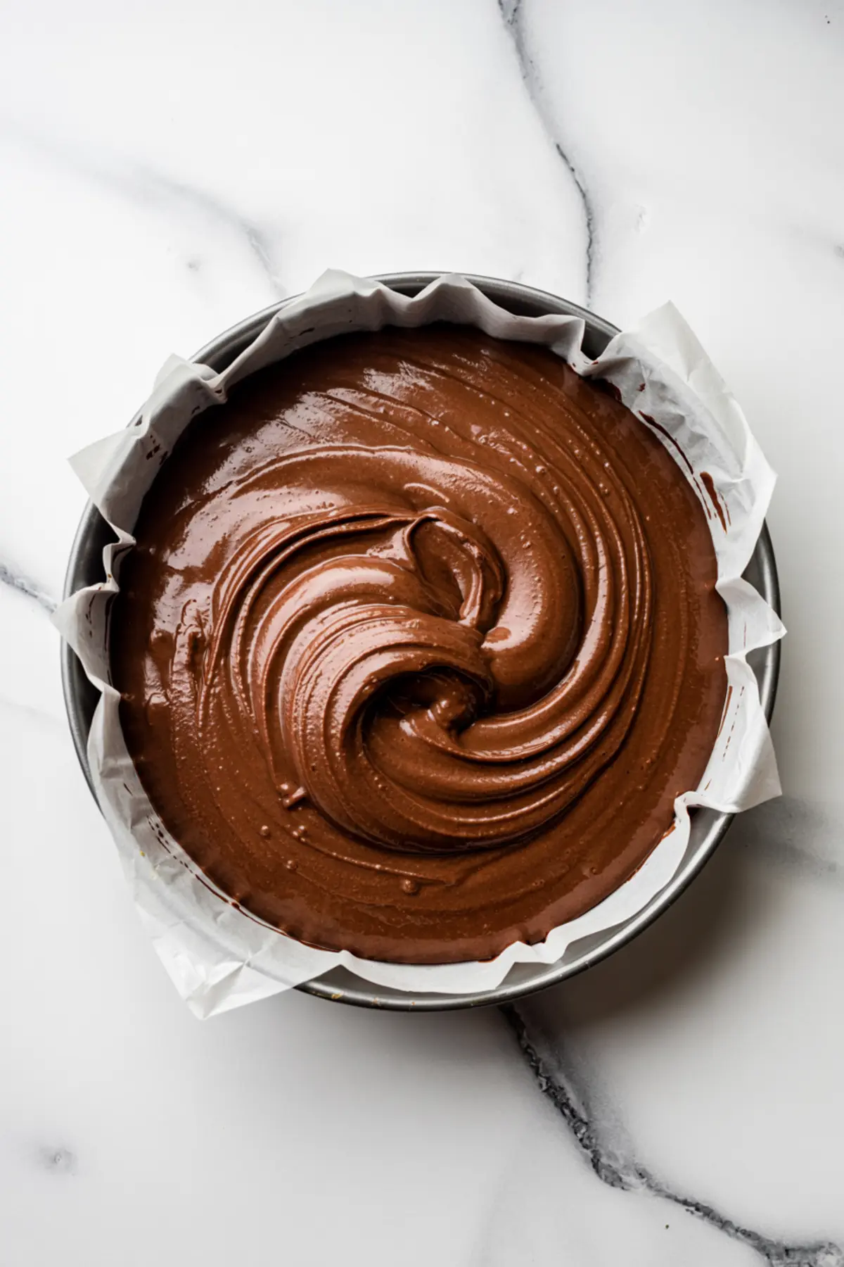 Overhead view of thick brownie batter swirled in a parchment-lined round cake pan, ready to bake on a white marble countertop.