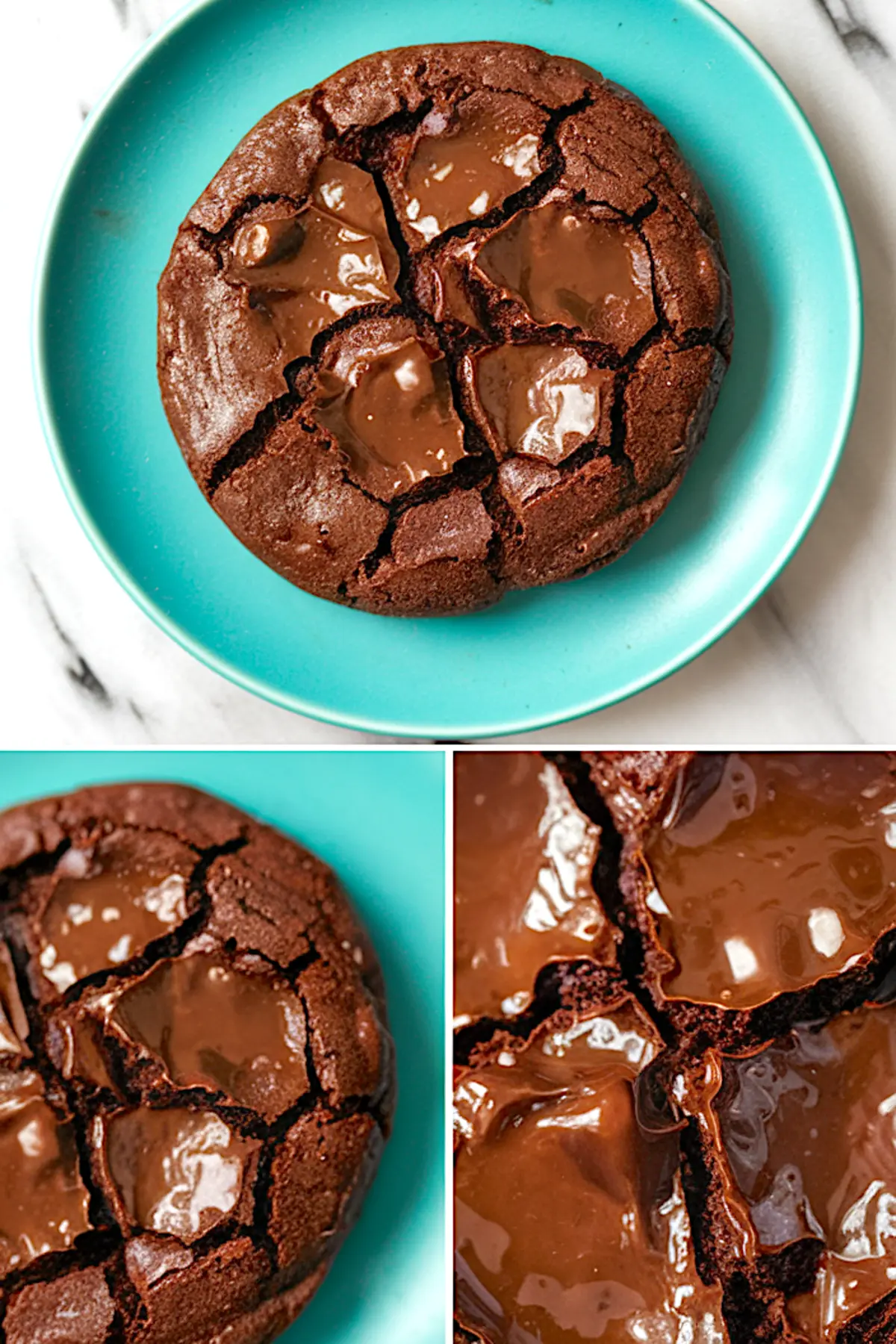Triple view collage of a molten brownie mix cookie with melted chocolate pools and crackled top on a teal plate. Perfect for Chocolate Cake Mix Cookies and Brownie Mix Cookies 3 Ingredients.