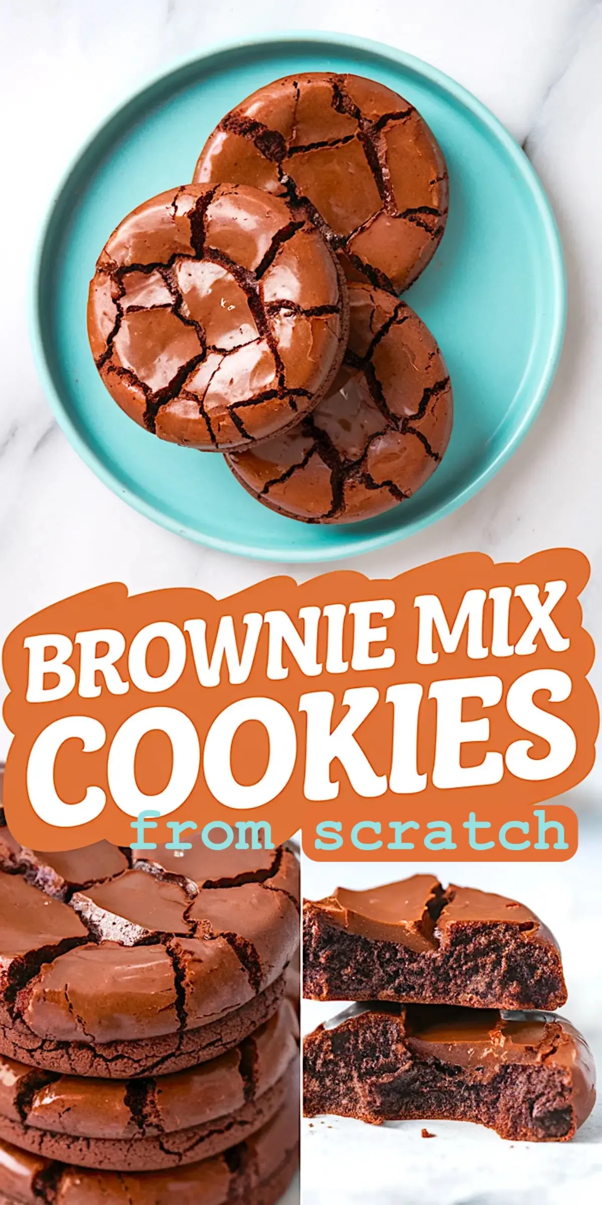 Collage of glossy brownie mix cookies with crackled tops, stacked and plated with a fudgy bite shot. Includes bold text for Brownie Mix Cookies from scratch, ideal for Ghirardelli Brownie Mix Recipes and Brownie Mix Ideas.