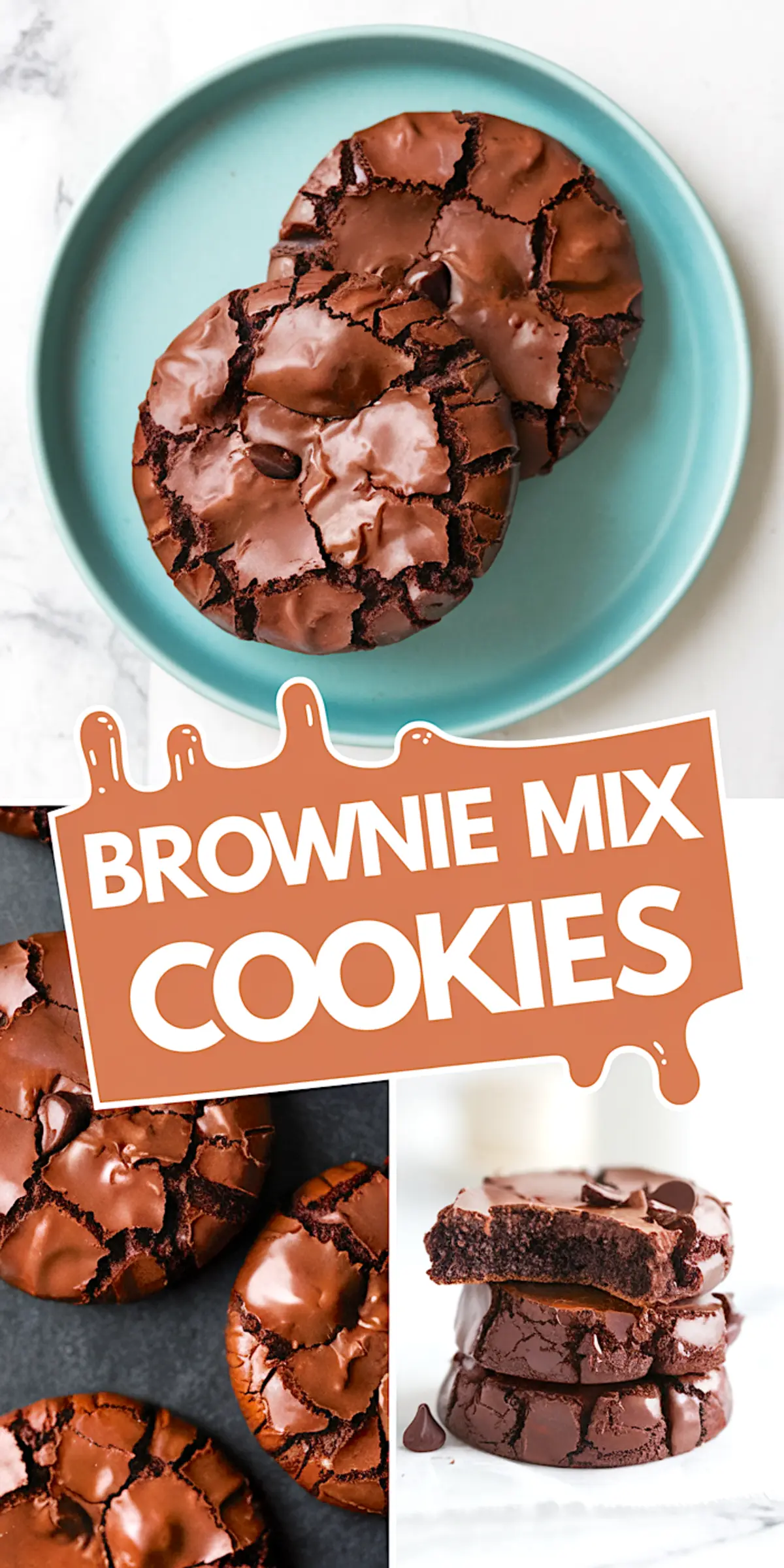 Pinterest collage showing crackled brownie mix cookies with rich centers, text overlay for Brownie Mix Cookies, highlighting Cake Mix Brownies and Box Brownie Mix Ideas.