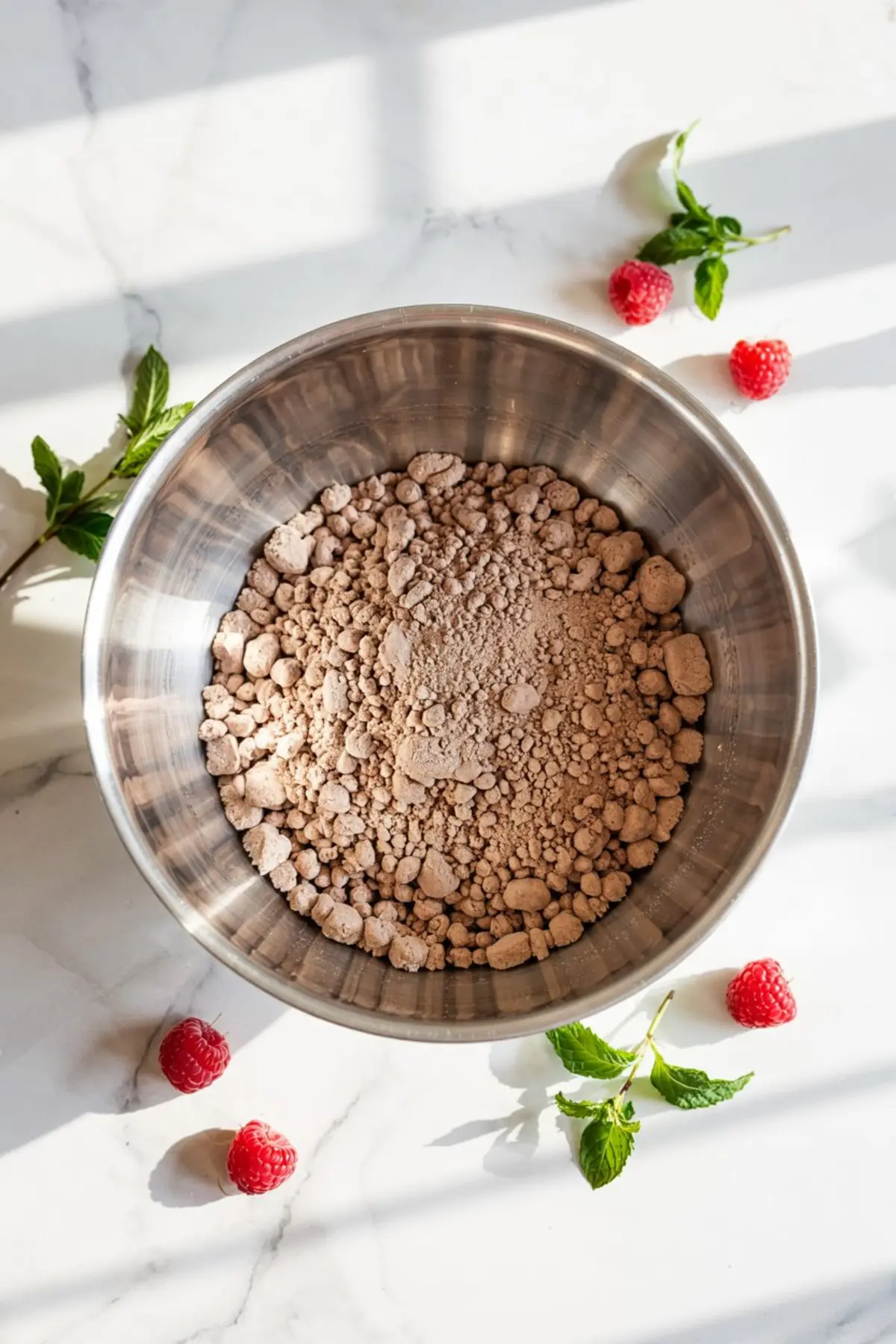 Dry brownie mix powder in a metal bowl styled with raspberries and mint, highlighting ingredients for Brownie Mix Desserts and Recipes With Brownie Mix Boxes.