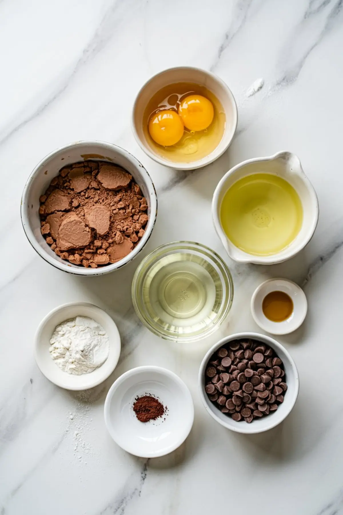 Flat lay of measured ingredients for brownie mix cookies, featuring brownie mix, eggs, oil, cocoa, chocolate chips, and vanilla. Great for Brownie Cookies From Scratch and Cookies Using Cake Mix Boxes.