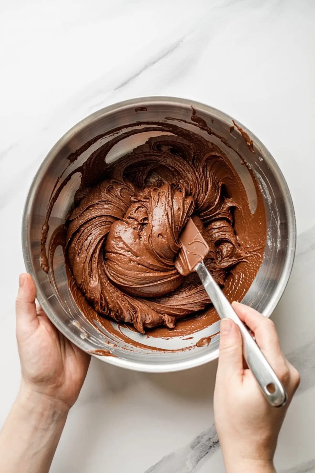 Thick brownie batter swirled in a bowl with a spatula, showing preparation stage for Brownie Batter Cookies and Brownie Mix Cookies 3 Ingredients.