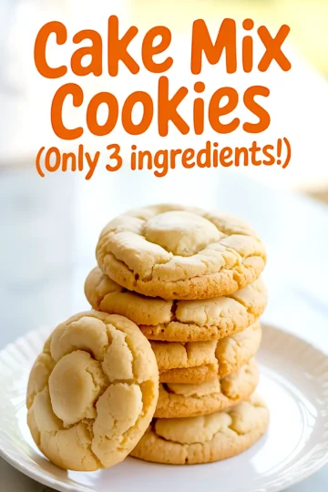 Stack of golden cake mix cookies on a white plate with one cookie propped for texture, featuring overlay text “Cake Mix Cookies (Only 3 Ingredients!)”, ideal for easy cake mix desserts.