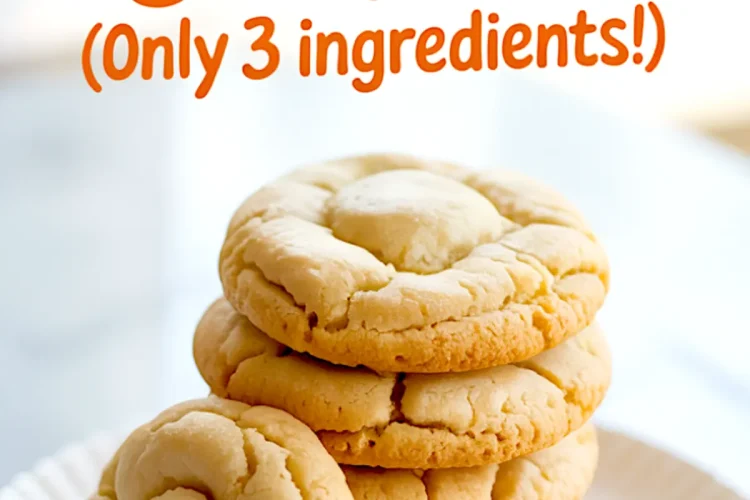 Stack of golden cake mix cookies on a white plate with one cookie propped for texture, featuring overlay text “Cake Mix Cookies (Only 3 Ingredients!)”, ideal for easy cake mix desserts.