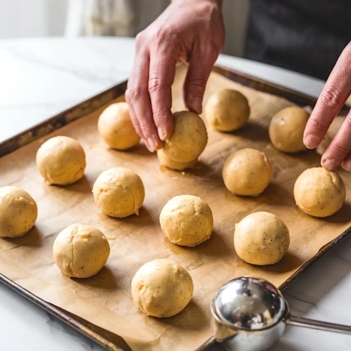 Hands placing round cookie dough balls on a parchment-lined baking sheet, preparing yellow cake mix cookie dough with a cookie scoop.