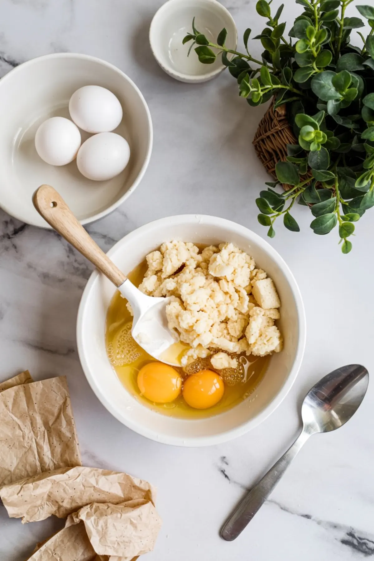 White mixing bowl with yellow cake mix, eggs, and oil being stirred with a spatula, surrounded by cracked eggs and a potted plant on a marble countertop, highlighting homemade cookie mix recipes.