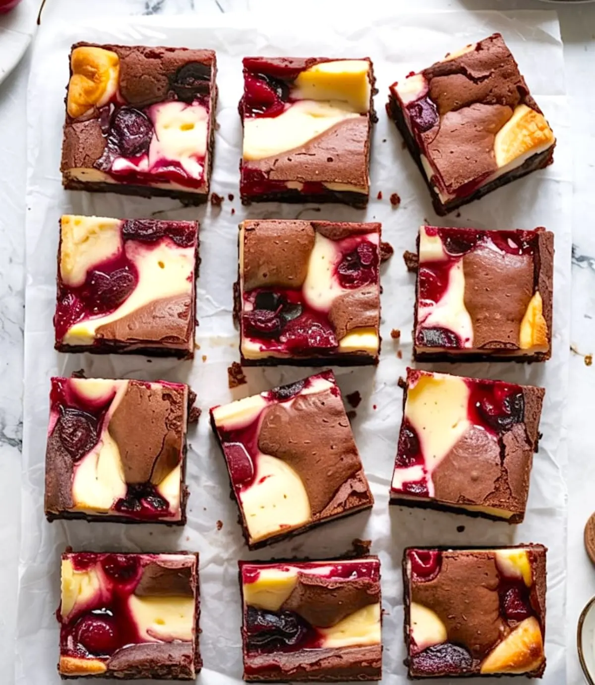 Overhead view of twelve cherry cheesecake brownies on white parchment, highlighting the contrast between dark chocolate base, creamy cheesecake, and juicy cherry pieces.