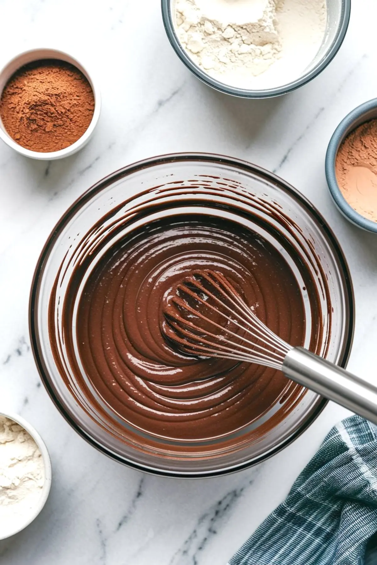 Bowl of glossy chocolate brownie batter with a whisk, surrounded by baking ingredients like cocoa powder, flour, and sugar on a marble surface.
