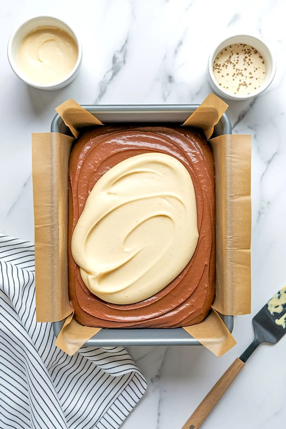 Brownie batter swirled with cheesecake filling in a parchment-lined baking tin, showing a smooth texture ready for baking.