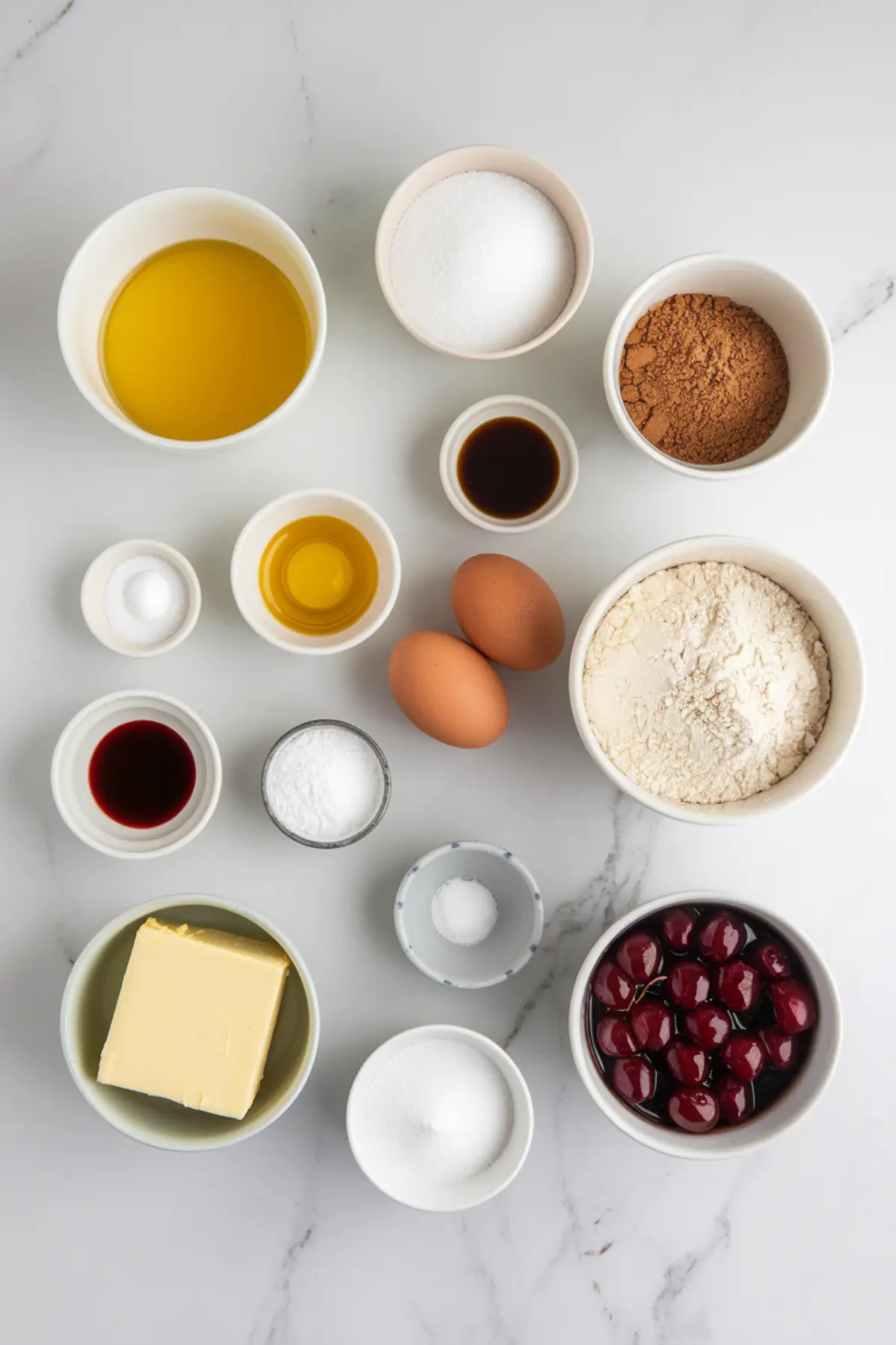 Assortment of cherry cheesecake brownie ingredients including fresh cherries, butter, flour, sugar, eggs, cocoa powder, and vanilla extract arranged in small bowls.
