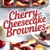 Collage showing top view of sliced cherry cheesecake brownies and close-up of a plated brownie with a milk glass, emphasizing cherry topping and thick brownie layer.