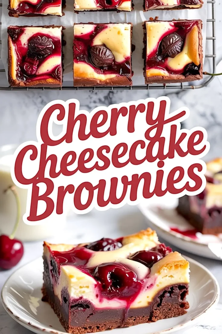 Collage showing top view of sliced cherry cheesecake brownies and close-up of a plated brownie with a milk glass, emphasizing cherry topping and thick brownie layer.