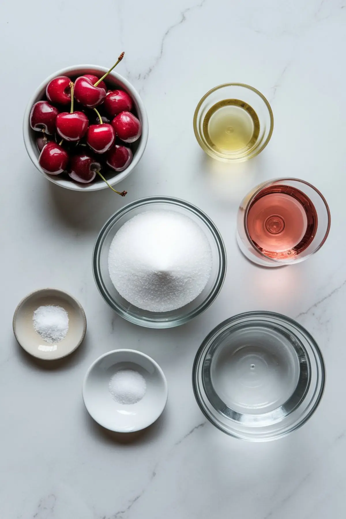 Flat lay of cherry rosé sorbet ingredients including fresh red cherries, sugar, rosé wine, lemon juice, water, and salt in glass bowls on a white marble surface.
