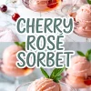 Elegant cherry rosé sorbet scoops served in coupe glasses with floating fresh cherries and mint, displayed on a marble table with soft pink cloth and text overlay reading “Cherry Rosé Sorbet.”