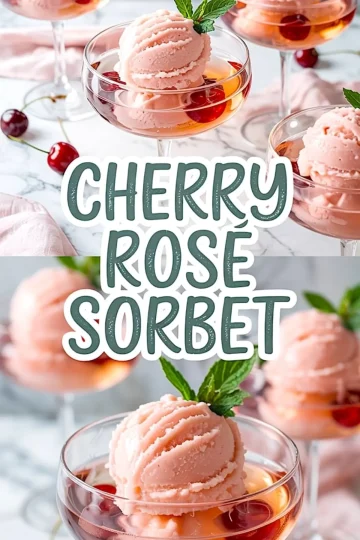 Elegant cherry rosé sorbet scoops served in coupe glasses with floating fresh cherries and mint, displayed on a marble table with soft pink cloth and text overlay reading “Cherry Rosé Sorbet.”