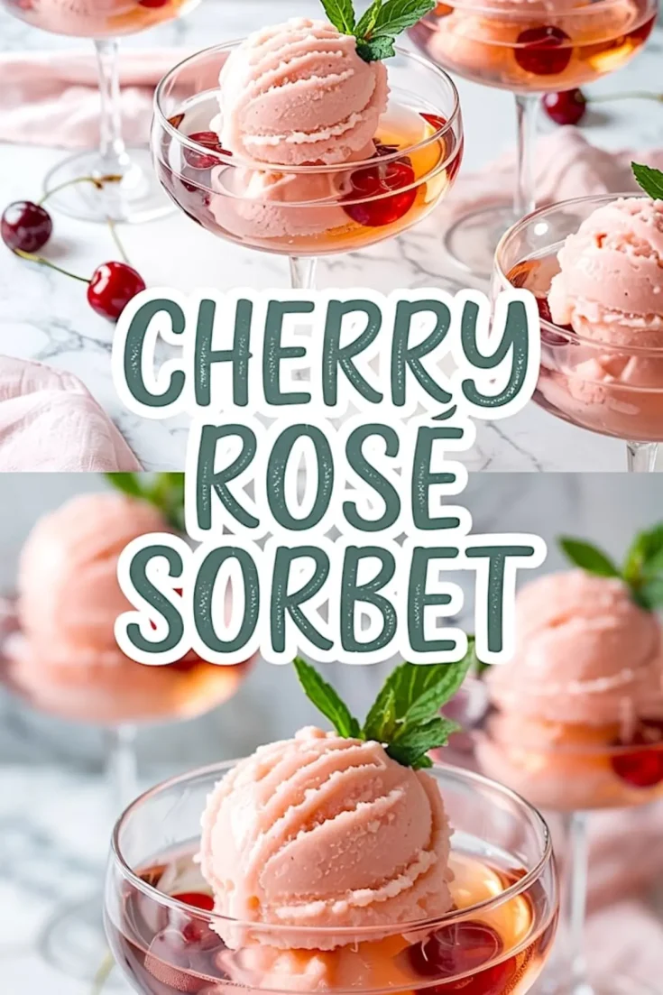 Elegant cherry rosé sorbet scoops served in coupe glasses with floating fresh cherries and mint, displayed on a marble table with soft pink cloth and text overlay reading “Cherry Rosé Sorbet.”