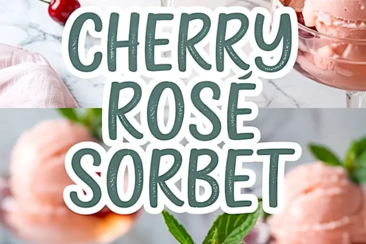 Elegant cherry rosé sorbet scoops served in coupe glasses with floating fresh cherries and mint, displayed on a marble table with soft pink cloth and text overlay reading “Cherry Rosé Sorbet.”