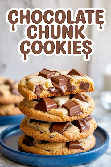 Stack of chocolate chunk cookies with gooey melted chocolate pieces on a dark blue plate, topped by a half-eaten cookie and a dripping text overlay saying “CHOCOLATE CHUNK COOKIES.”