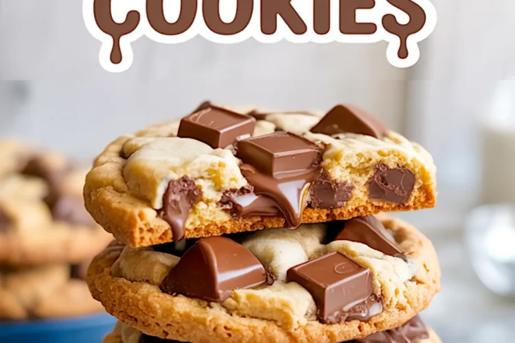 Stack of chocolate chunk cookies with gooey melted chocolate pieces on a dark blue plate, topped by a half-eaten cookie and a dripping text overlay saying “CHOCOLATE CHUNK COOKIES.”