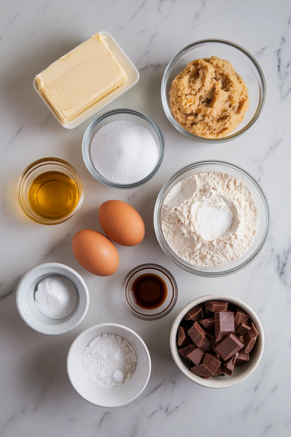 Overhead view of chocolate chunk cookie ingredients, including butter, flour, eggs, sugars, vanilla, baking powder, baking soda, salt, and chopped chocolate in glass and ceramic bowls.