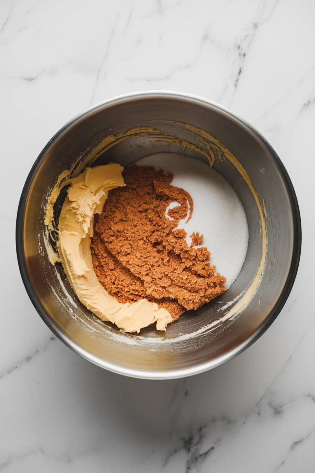 Metal mixing bowl holding unmixed butter, brown sugar, and white granulated sugar on a white marble surface.