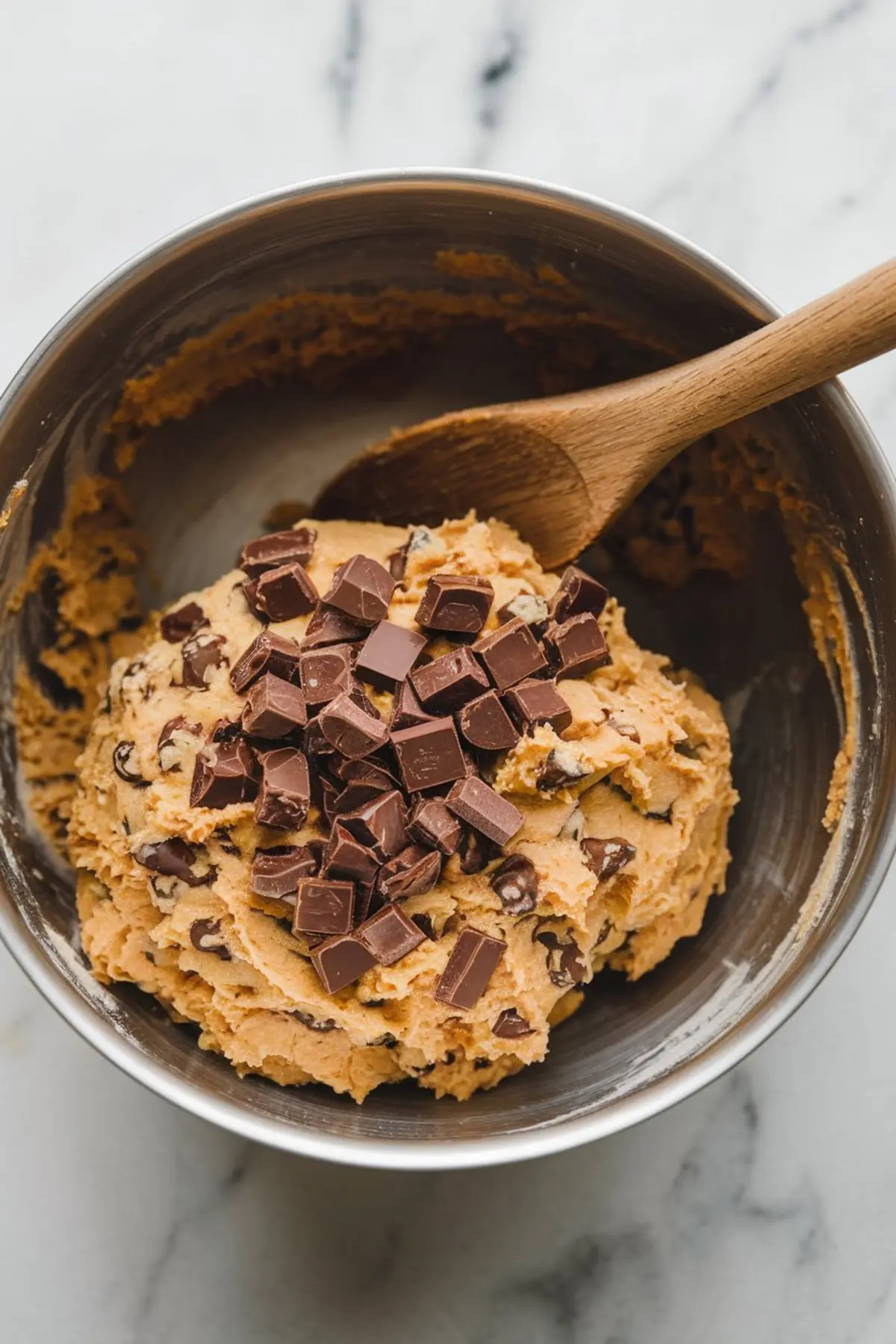 Thick cookie dough mixed with semi-sweet chocolate chips and chopped milk chocolate chunks in a metal mixing bowl with a wooden spoon.