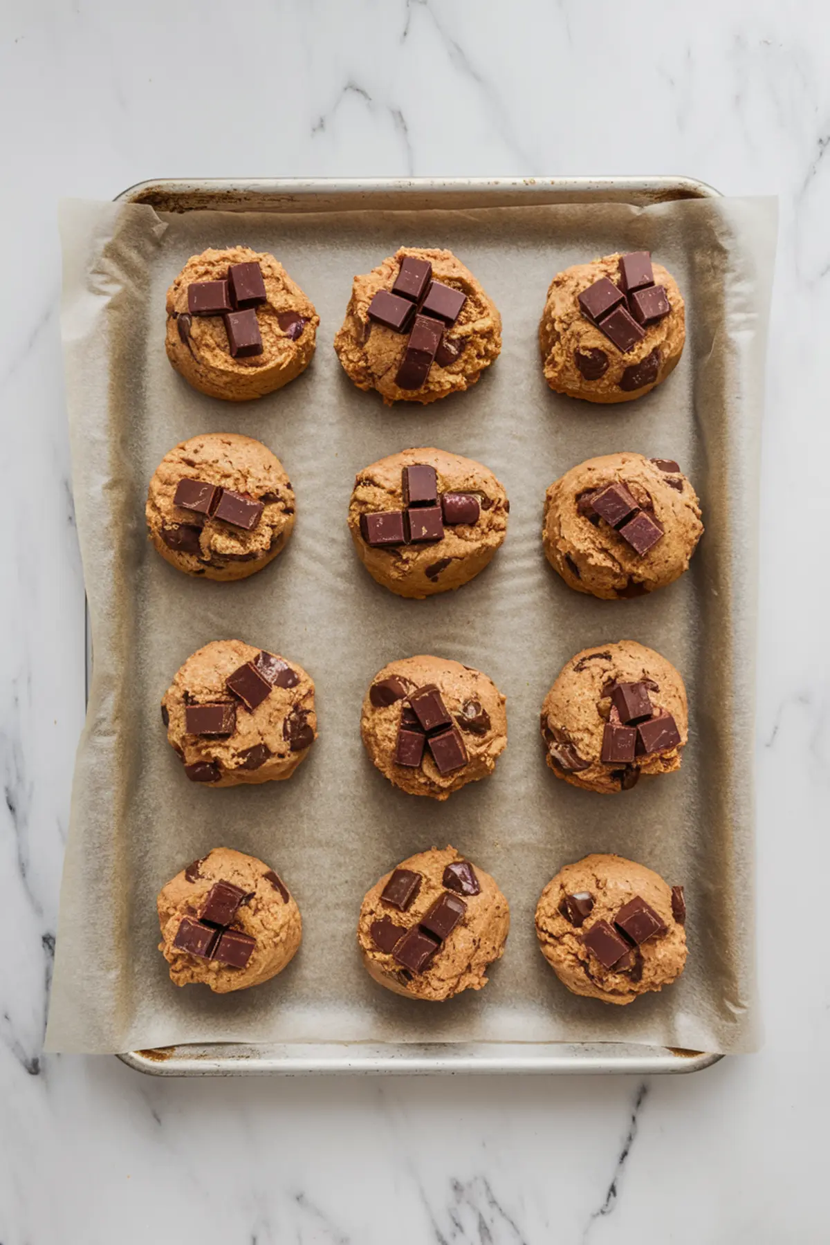 Raw chocolate chunk cookie dough scooped onto a parchment-lined baking tray, arranged in even rows before baking.