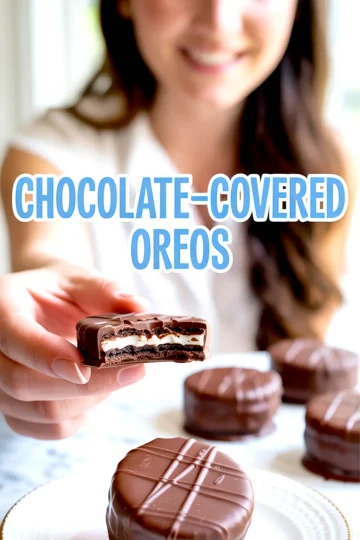 Smiling Emma in the background holds up a halved chocolate-covered Oreo, revealing cream filling between cookie layers, with more dipped Oreos placed on a plate and “Chocolate-Covered Oreos” in blue text overlay.