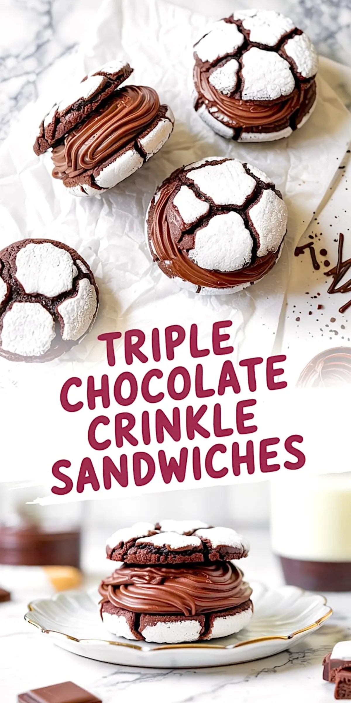 Collage of chocolate crinkle cookie sandwiches with fudgy chocolate ganache filling, highlighting crackled powdered surfaces and thick layers of creamy chocolate on decorative plates.