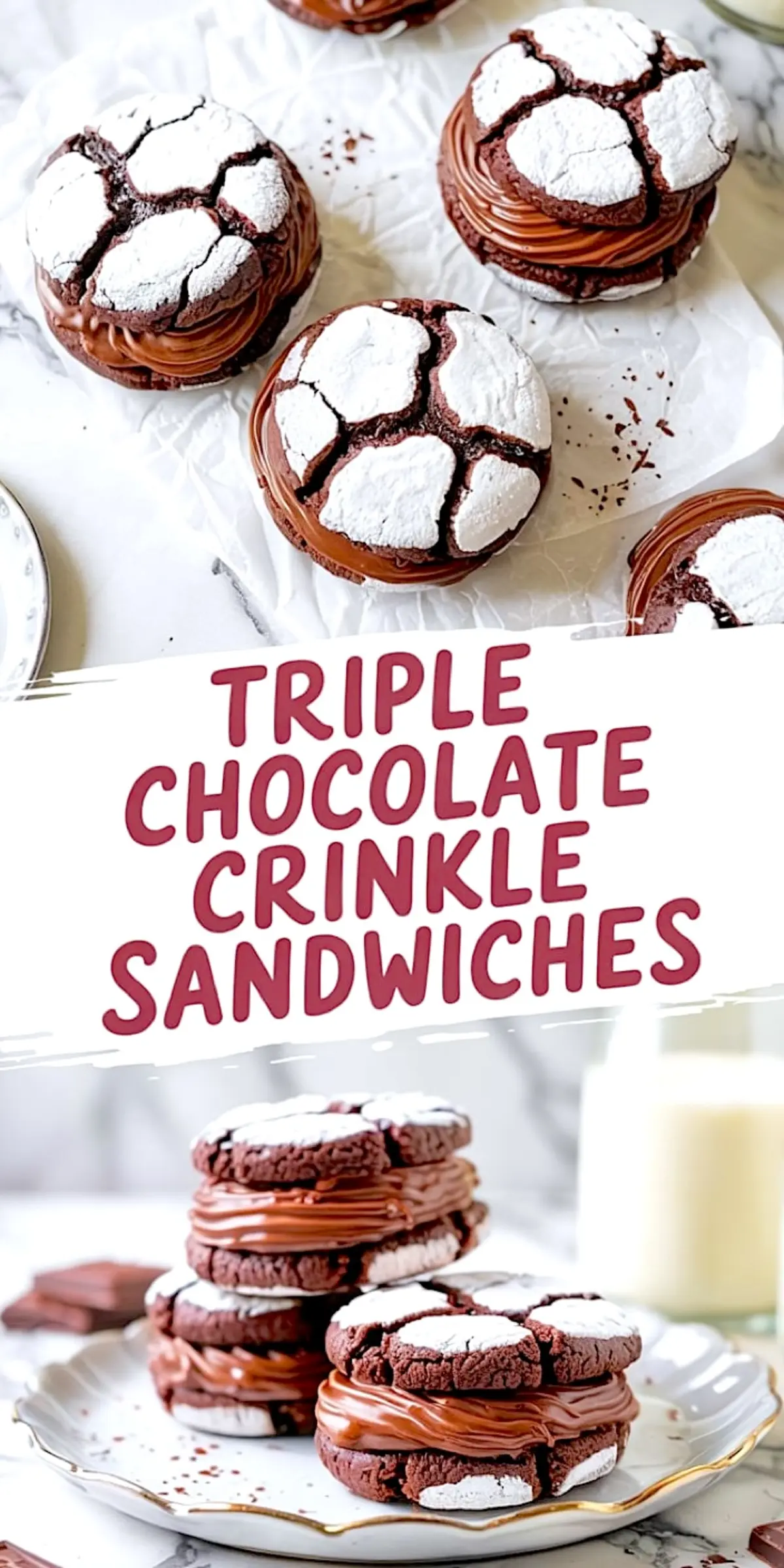 Overhead collage of triple chocolate crinkle cookie sandwiches filled with piped chocolate ganache, showcasing cracked powdered sugar tops and rich brownie-like texture on parchment paper.