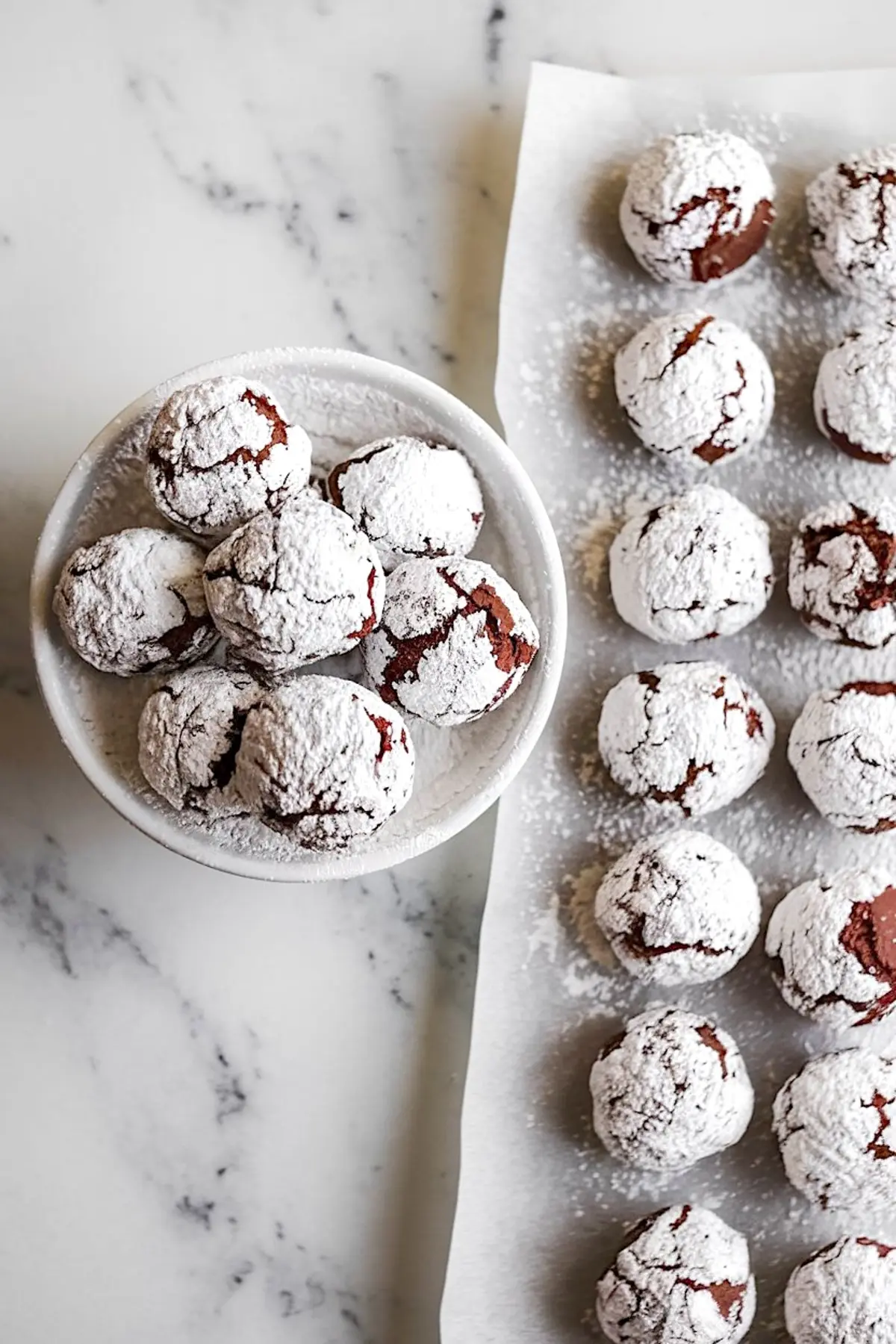 Overhead view of round chocolate crinkle cookie dough balls coated in powdered sugar, displayed in a white bowl and on a parchment-lined tray.
