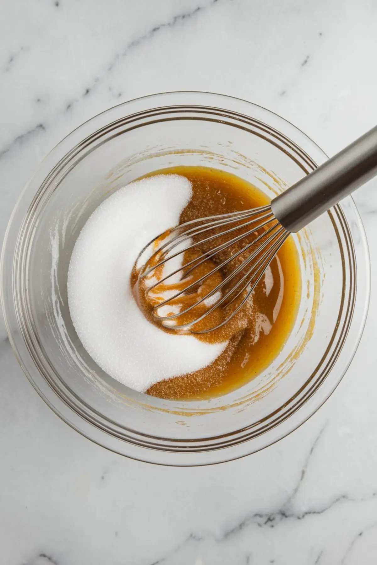 Overhead view of a mixing bowl with sugar and wet ingredients being whisked together, featuring a thick amber mixture in a clear glass bowl on marble.