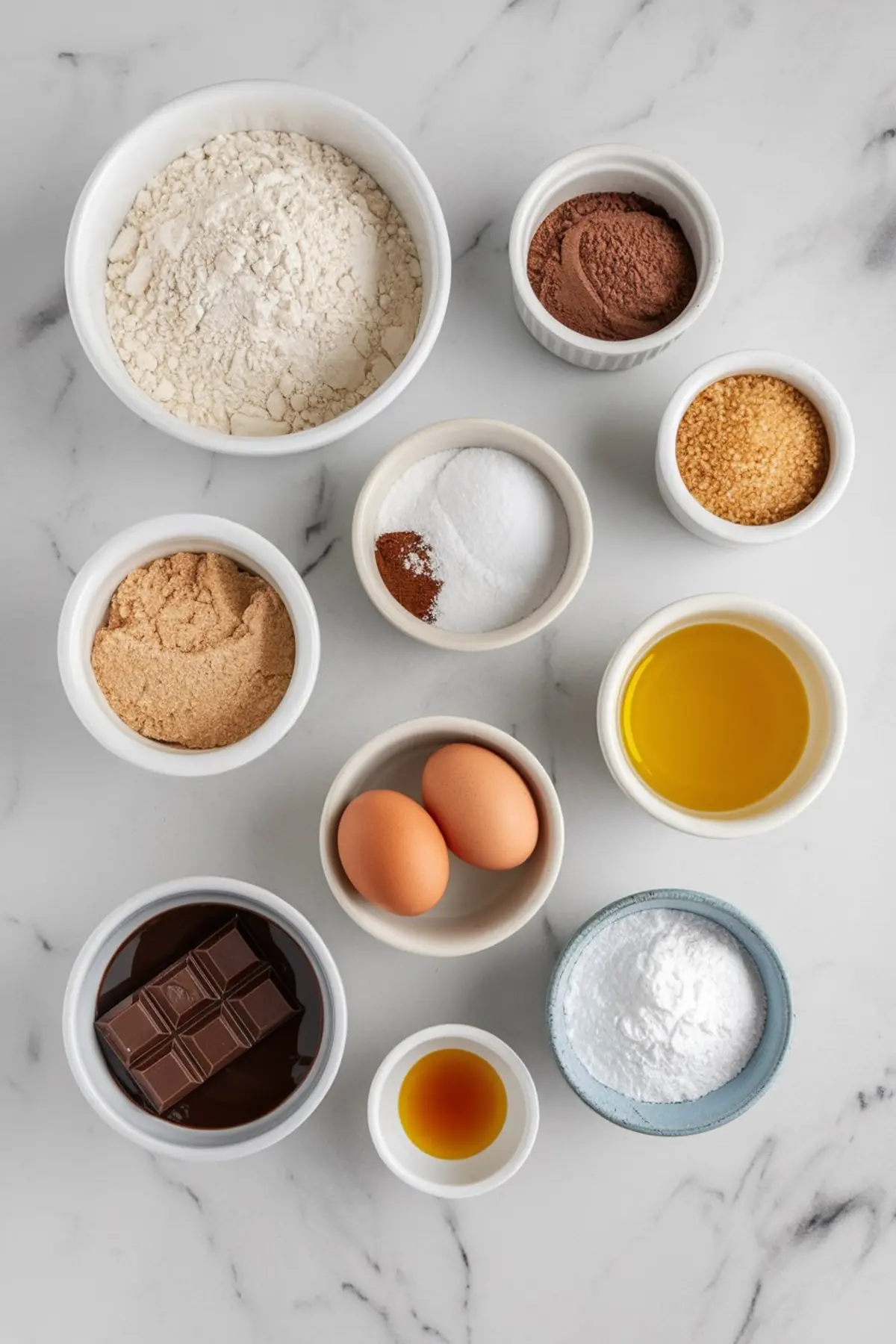 Flat lay of separated baking ingredients in white bowls, including flour, cocoa powder, sugars, eggs, oil, chocolate, and vanilla, arranged neatly on a marble countertop.