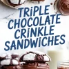 Collage showing assembled triple chocolate crinkle sandwiches filled with rich ganache, placed on a serving plate with a glass of milk and chocolate spread nearby.