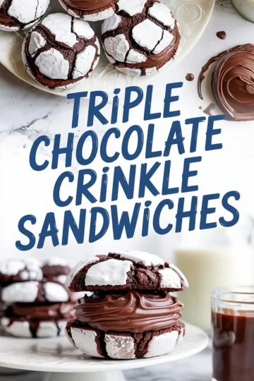 Collage showing assembled triple chocolate crinkle sandwiches filled with rich ganache, placed on a serving plate with a glass of milk and chocolate spread nearby.