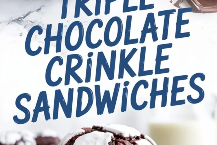 Collage showing assembled triple chocolate crinkle sandwiches filled with rich ganache, placed on a serving plate with a glass of milk and chocolate spread nearby.